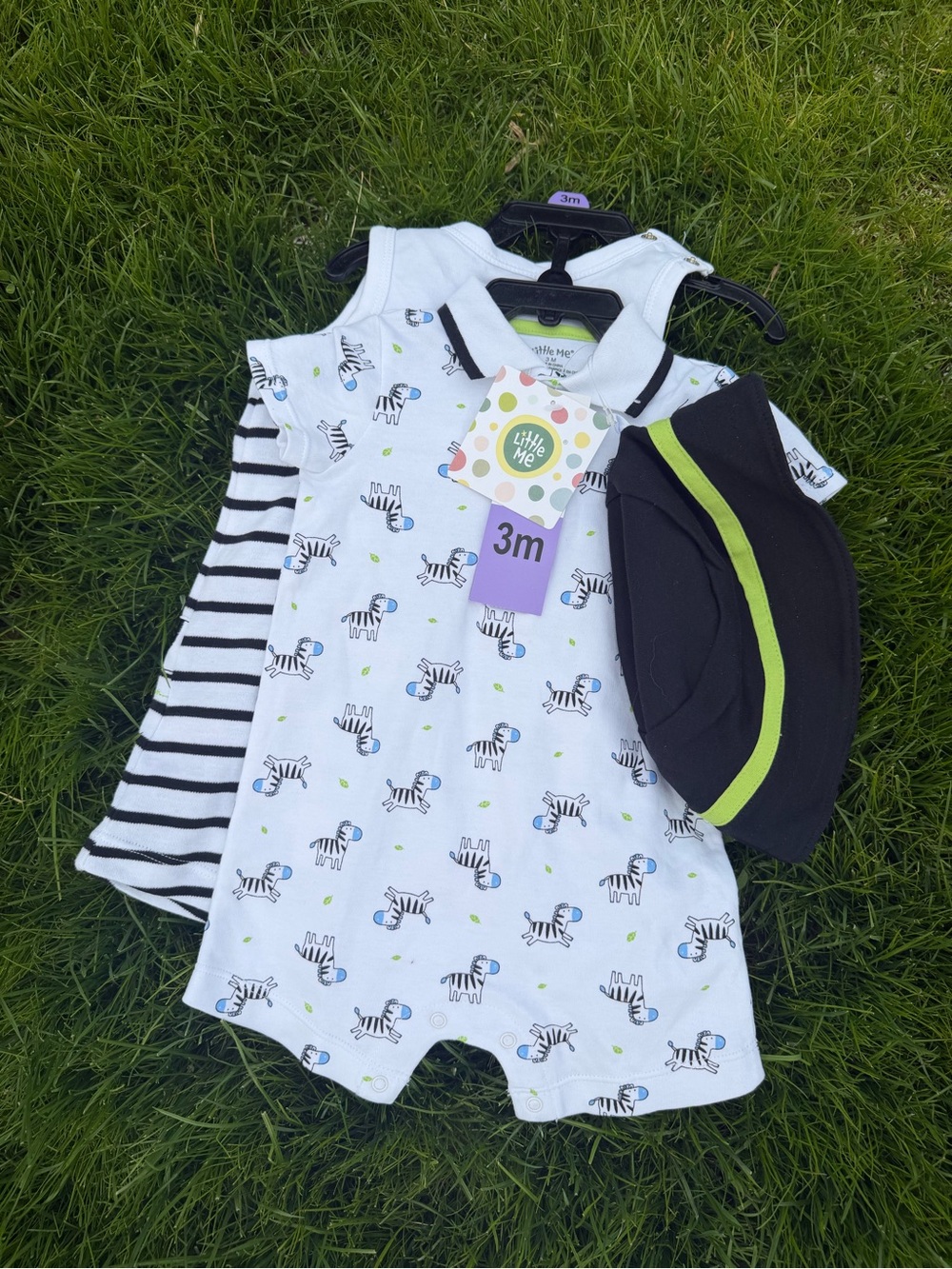 Baby Zebra Print Dress & Stripe Top Set with Hat - White, Black, Lime